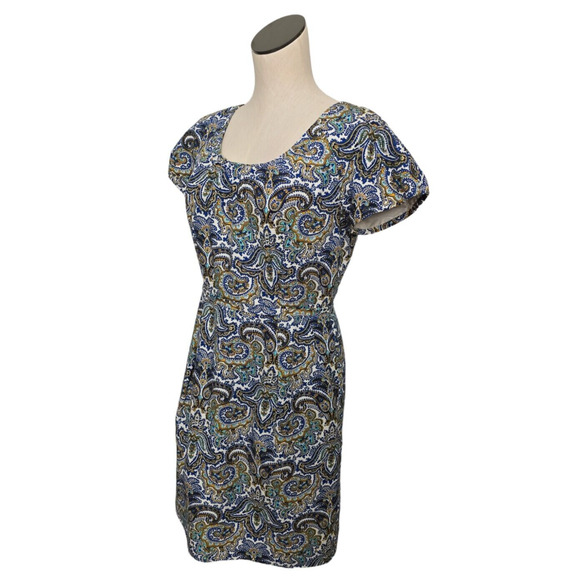 J Crew Dolores Silk Sheath Dress Peacock Paisley Print Size 6 Short Sleeve‎ Blue - Picture 1 of 14